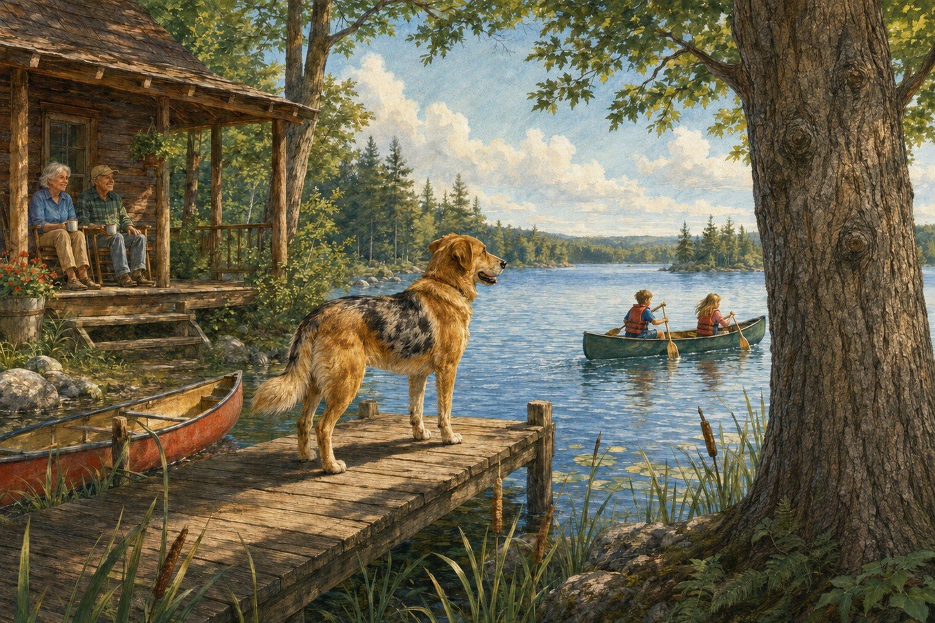 A dog resting beneath a tree beside the lake