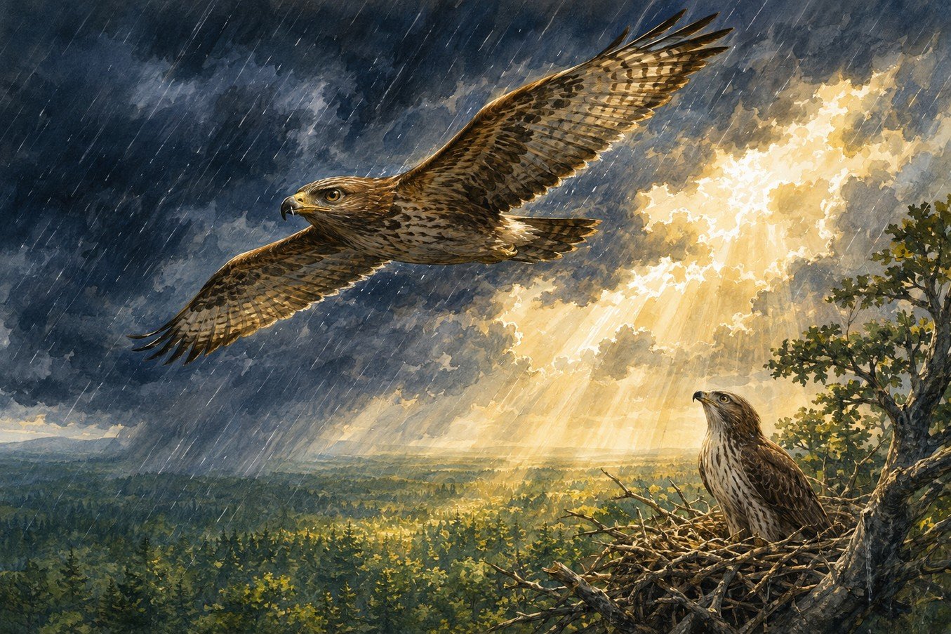 Two hawks flying beneath a glowing moon